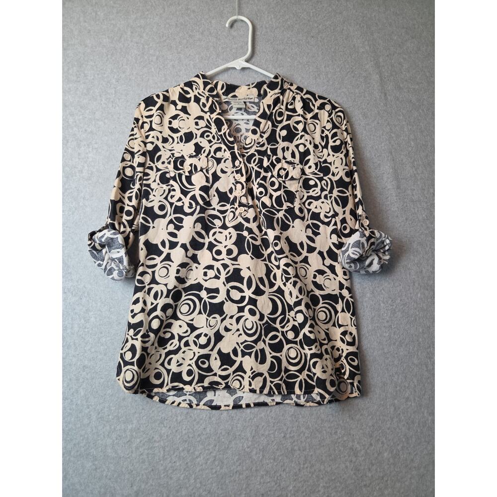 David Brooks Linen Rayon Black Geometric RTS Popover V Neck Blouse Women's Med